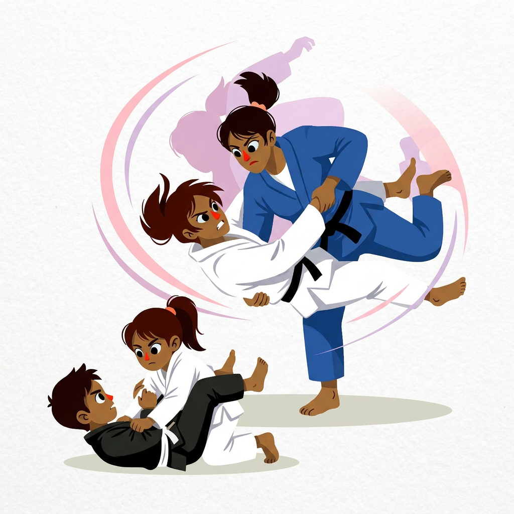 Illustration artistique du pôle arts martiaux du Jamet Sporting Club à Nantes montrant un enchaînement technique dynamique de Kosen Judo avec une projection aérienne fluide et un travail de contrôle au sol en Jiu-Jitsu.