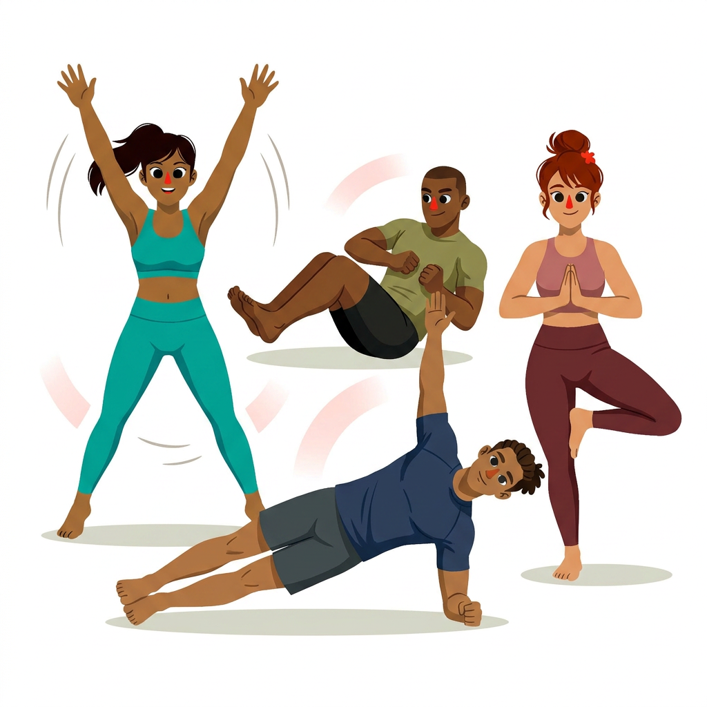 Illustration vectorielle colorée montrant des pratiquants de fitness du Jamet Sporting Club de Nantes effectuant diverses activités : posture de yoga de l'arbre, gainage latéral, abdominaux et fentes dynamiques.